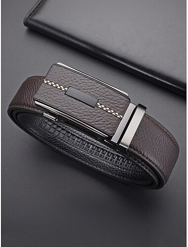  Ceinture pour homme en cuir véritable noir et café, boucle automatique, style classique et élégant, en cuir véritable résistant, ajustable, idéale pour les mariages, les réunions professionnelles et les occasions formelles.