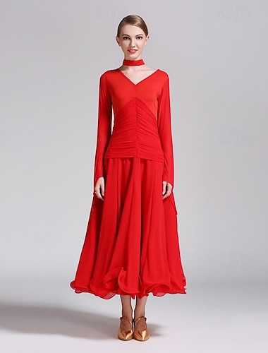  abito da ballo da sala rosso da donna con scollo a V, vita arricciata, manica lunga, abito da valzer, abito da competizione standard moderno