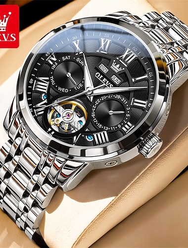  Novo relógio masculino de negócios da marca Olevs com visor luminoso, calendário perpétuo, calendário tradicional e indicador de semana. Relógio mecânico com rotor oco para uso casual, resistente à