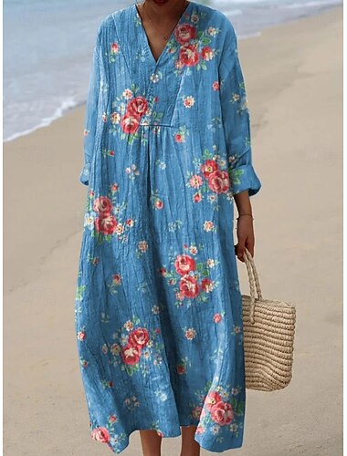  Femmes Robe maxi Robe fourreau Vacances Occasionnel Sortir Coupe Ample Fleuri Graphique manche longue Col en V Bleu Bleu Blanc Vert Claire Bleu Roi Été Printemps