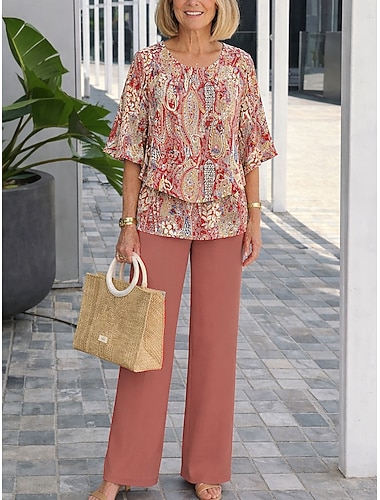  Per donna Set di Pantaloni Mezza Manica A farfalla Girocollo Grafico Paisley Elegante Vacanza Casuale Quotidiano Blu Rosa Arancione Primavera & Estate