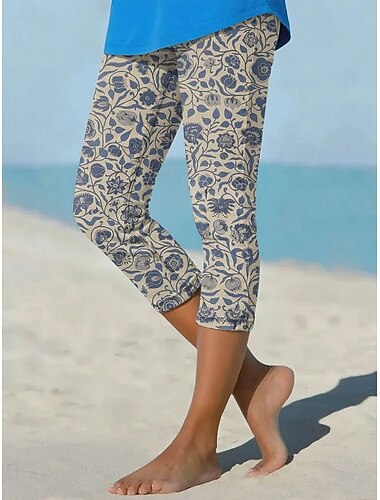  Dames Grafisch Slank Capri broeken Vakantie Basic Sportkleding Kuitlengte Middelhoge taille Comfort Rekbaar Vakantie Formeel Straat Rijst Wit Khaki Zomer Lente Strak