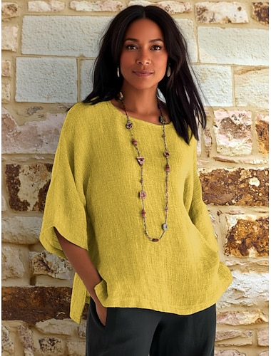  Damen Bluse Baumwollhemd Einfach Vintage Stilvoll Dreiviertelarm Rundhalsausschnitt Normale Oberteile Täglich Ferien Ausgehen Blau Gelb Rosa Grau Sommer Frühling