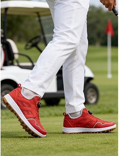  Chaussures de golf rouges pour hommes, tige légère et respirante, semelle amortissante, style athlétique performant pour les terrains de golf et les sports de plein air