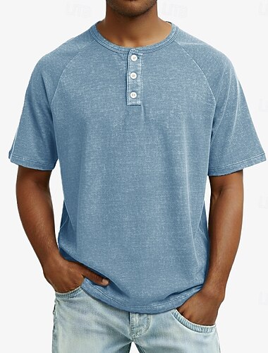  Heren Henley-shirt Katoenen T-shirt T-shirt Korte mouw Henley Zomer Lente Alle seizoenen Effen Kleur Modieus Ontwerper Casual Kledingstuk geverfd Bleek Knop Casual Dagelijks Buiten Licht Blauw Grijs