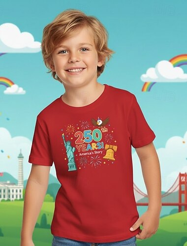  Katoen 100% katoen Kinderen Jongens blauw Zwart Wit Grafisch 250-jarig jubileum T-shirt Blouse Strakke ronde hals Korte mouw Buiten Dagelijks gebruik Modieus Streetwear Ontwerper Opdrukken Zomer