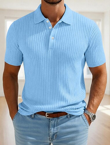  男性用 リブニットトップス テクスチャード加工 カジュアル ワーク ラペル リブ付きポロカラー 半袖 ベーシック 近代の カラーブロック ボタン ニット 夏 春 春夏 レギュラー ホワイト イエロー バーガンディー ネイビーブルー グレー ライトブルー リブニットトップス