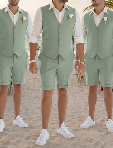  Menn Avslappet Strandbryllup Smokings Groomsmen Drakter V-hals Himmelblå Salvie Fritid Kjoler Ensfarget Skreddersydd 2-delt sett