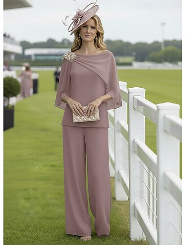  Zweiteilig Hosenanzug Bodenlang Brautmutterkleid Halbarm U-Boot-Ausschnitt Elegant Einfach luxuriös Formell Hochzeitsgast Chiffon mit Gerafft Perlen Perlenstickerei