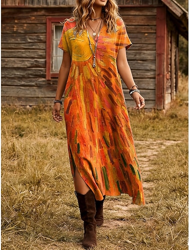  Damska sukienka midi Boho w kształcie litery A wakacyjna casualowa codzienna luźne dopasowanie floralna grafika krótki rękaw dekolt w serek pomarańczowy lato wiosna