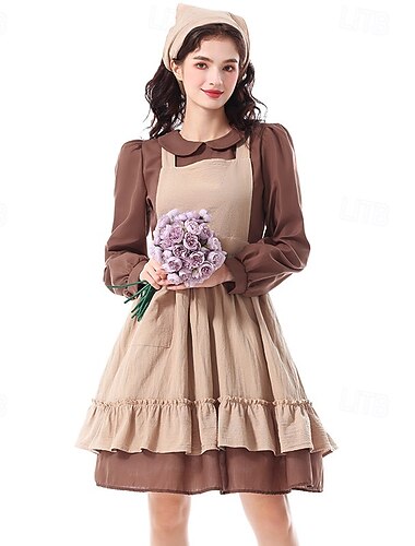  250e anniversaire des États-Unis 19ème siècle années 1800 Robe Prairie Ensemble bonnet et tablier Manches longues Fille pionnière Epoque Coloniale Pionnier Guerre d'indépendance américaine Déguisement