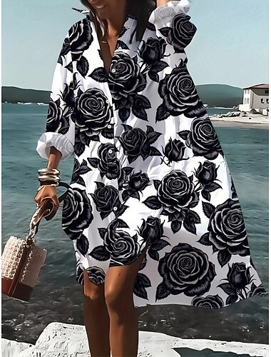  Damen Midikleid Hemdblusenkleid Freizeitkleid Sommerkleid Elegant Urlaub Tropisch Strand Lässiger Schnitt Blumen Langarm Hemdkragen Blau Schwarz Weiß Sommer Frühling