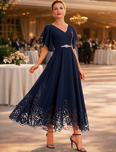  Ligne A Longueur thé Robe de Soirée Robe de Cocktail Robe d'invité de mariage Robe de Mère de Mariée  Manche Courte Col en V Élégant Formel robe demoiselle d honneur Chiffon Dentelle avec Appliques
