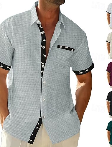  Herren Hemd Waffelhemd Textur Freizeithemd Knopfhemd Weiß Kurzarm Einfach Hemdkragen Lässig Täglich Fronttasche Bekleidung Mode Lässig