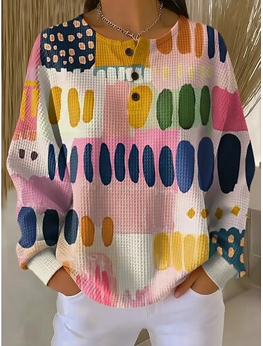  Damen Pullover Sweatshirt Knöpfe Grafik Geometrisch Mode Lässig Druck Langarm Rundhalsausschnitt Normale Oberteile Lässig Heim Arbeit Gelb Rosa Grün Frühling Herbst