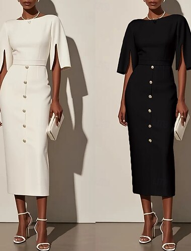  Damen Midikleid Arbeitskleidung Etui-Kleid Elegant Mode Modern Büro Normale Passform Einfach Halbarm Rundhalsausschnitt Schwarz Weiß Frühling Herbst