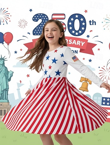  ragazze' 3D Grafico A righe Stelle Abito Manica Lunga Stampa 3D Primavera Autunno Quotidiano Vacanza Feste Casual Principessa Bello Bambini 4-12 Anni Vestito Casual Abito a trapezio Lunghezza al