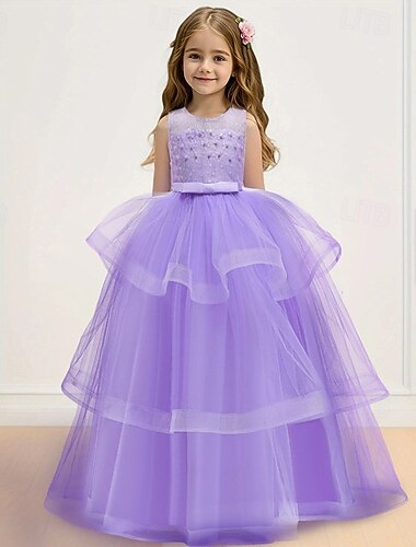  Brudnäbbsklänning Flickor Högtidlig klänning Bröllopskläder Fest Bröllop Formell Förtjusande Formell Prinsessa Ihålig Nät Ensfärgat Ärmlös Rund hals Blå Rodnande Rosa 4 år +