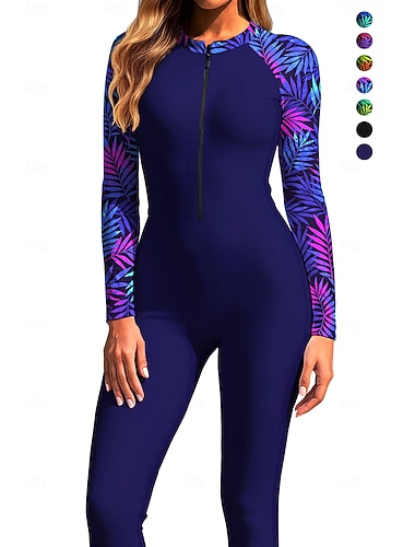  Mulheres Padrão Anti Atrito Proteção solar de corpo inteiro Maiô de surfe de uma peça Floral Tropical Zip Up Com sutiã embutido Zíper Frontal Proteção Solar UV Cobertura Total UPF50+ Manga Longa