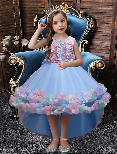  Abito da damigella d'onore bambina Ragazze Abito formale Abiti da sposa Feste Matrimonio Formale Moda Principessa Bello Rete Floreale Senza Maniche Girocollo Blu Rosa Dai 4 anni in su