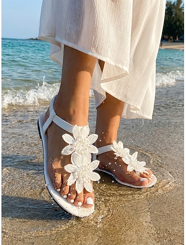  Sandales blanches à fleurs et perles pour femmes - élégantes chaussures plates de mariage pour les cérémonies à la plage, les mariages &Chaussures d'été pour demoiselles d'honneur lors d'événements en