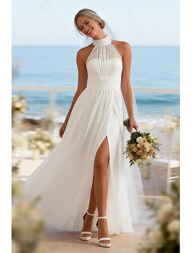  Ligne A Longueur au sol Robe Blanche Robes de mariée Robes pour enterrement de vie de jeune fille robe de mariée Petites Robes Blanches Sans manches Col haut Remise des Diplômes Anniversaire avec