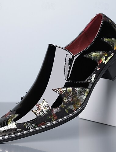  scarpe da sposa artistiche in similpelle da uomo – stampa coccodrillo nera e multicolore con dettagli unici, scarpe audaci e creative per matrimoni ed eventi speciali