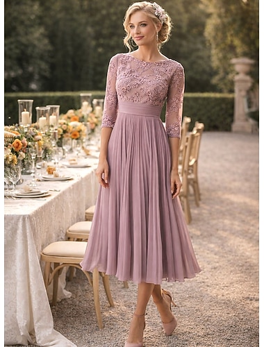  Linea ad A Lunghezza Tè Vestito da Festa Abito da Cocktail Abito da invitata a nozze Abito da cerimonia per signora Manica 3/4 Girocollo Elegante Ospite di nozze Festa di fidanzamento Chiffon Pizzo