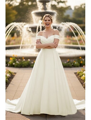  Abiti da sposa Linea ad A Scollo a V Senza Maniche Strascico a Terra Raso Abiti da sposa Con Arricciato Tinta unita