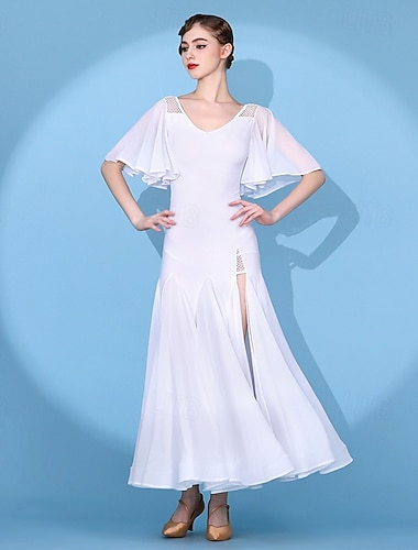  Kjole til dame med ballroom-dans, v-hals, sommerfuglermer, valsekjole, høy splitt, netting, moderne standard konkurranseantrekk, hvit