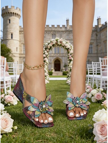  Damessandalen met veelkleurige bloemenprint en blokhak, elegante schoenen met decoratieve bloemdetails voor bruiloftsgasten op tuinbruiloften.