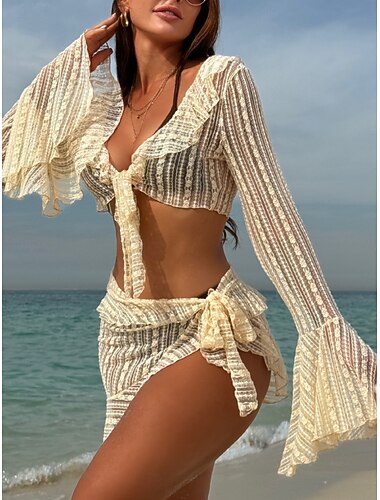  Damen Badeanzug Bikini Dreiteilig Freche Unterhose Bademode Schlank Rückenfrei Urlaub Strandbekleidung Einfarbig Neckholder Ärmellos Langarm Badeanzüge