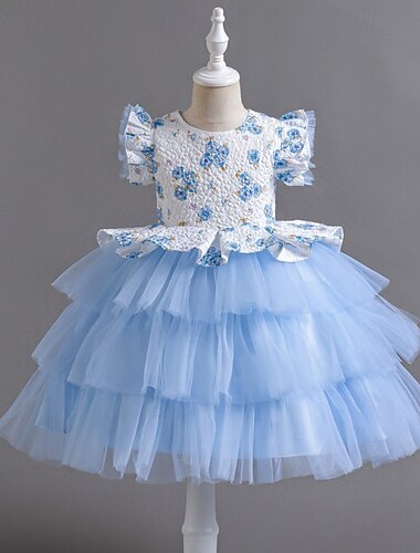  Φόρεμα για Κοριτσάκι Λουλουδιών Κοριτσίστικα Επίσημο ένδυμα Ενδυμασία γάμου Πάρτι Γάμου Επίδοση Λατρευτός Πριγκίπισσα Πανεμορφη Κουρελού Δίχτυ Φλοράλ Κοντομάνικο Στρογγυλή Ψηλή Λαιμόκοψη