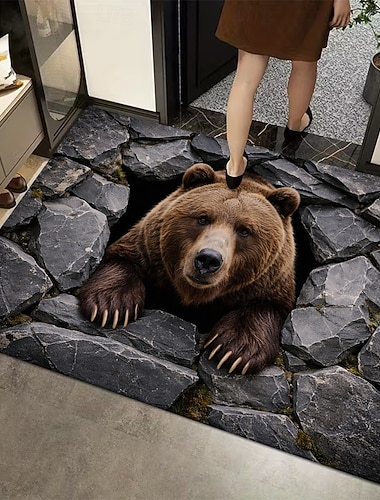  3D-Fußmatte mit optischer Täuschung, 2D-Flachdruck, 3D-Bärenloch-Illusionsteppich, realistische Grizzlybär-Wanddurchbruch-Fußmatte für Eingangsbereich und Badezimmer