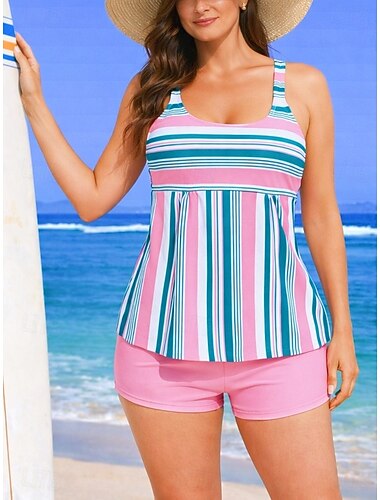  Damen Badeanzug Tankini Bikini, Zweiteiler Streifen Bauchkontrolle Elastisch Ärmellos Bademode Surfen Strand Urlaub Sommer