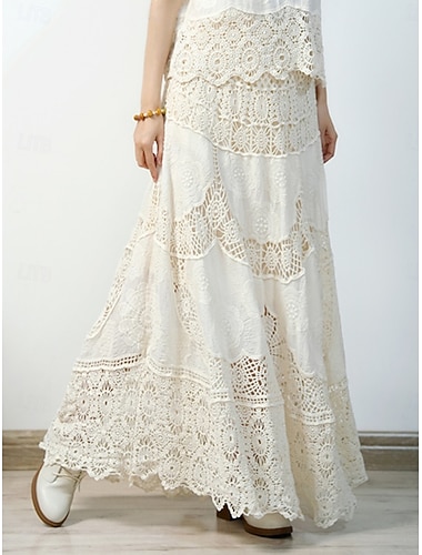  Damen Spitzenrock Bohemien Mode Lässig Maxi Mittlere Hüfthöhe Röcke Einfarbig Spitze Loch Unelastisch Täglich Urlaub Weiß Beige Sommer Baumwolle