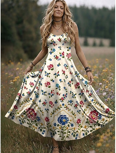  Damen Maxi Kleid Boho Sommerkleid Urlaub Lässig Strand Reguläre Passform Floral Grafisch Ärmellos Rundhals Hellbraun Orange Beige Sommer Frühling