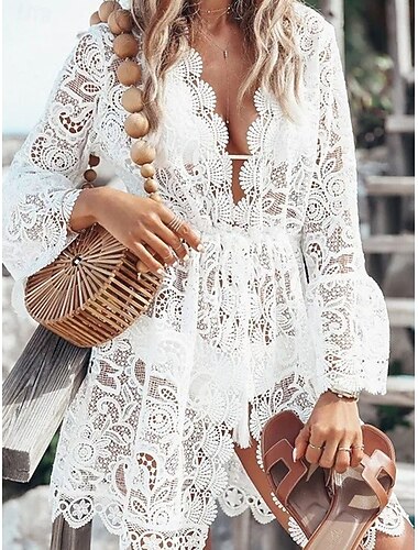  Femmes Mini Robe Robe Blanche Robe de Plage Robe noire Vêtement couvrant Élégant ancien Mode Manches Evasées Quotidien Extérieur Plage Coupe régulière Fleuri Uni manche longue Col en V Noir Blanche