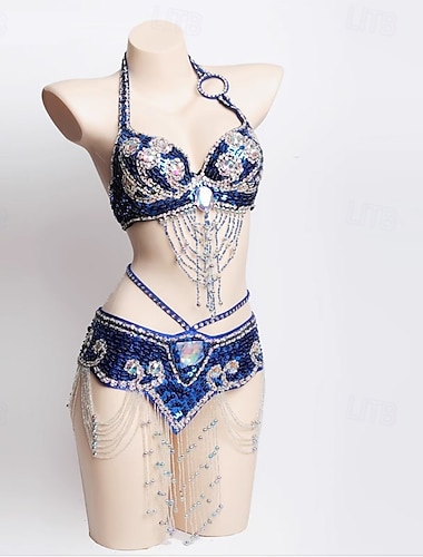  Samba Dansetøy Dyp Blå Edelsten Perlekjede Fringed Magedan Sett Forestilling Kostyme