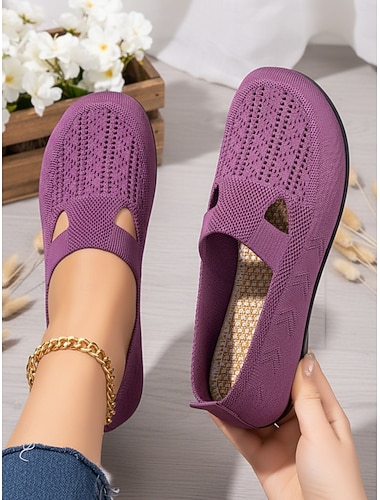  scarpe basse da donna in maglia traspirante viola a calzata larga – scarpe slip-on elasticizzate leggere, stile casual minimalista per camminare, lavorare, viaggiare e comfort quotidiano