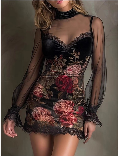  Damen Minikleid Bodycon Blumenkleid Mode Modern Outdoor Urlaub Party Normale Passform Blumen Langarm Rollkragen Blau Gelb Rosa Frühling Herbst