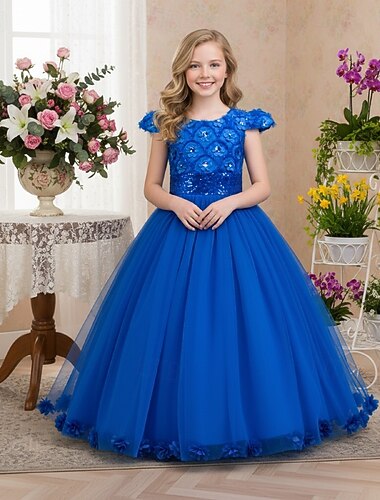  Šaty pro květinovou družičku Dívčí Formální šaty Svatební Oblečení Párty Svatební Formální Módní Rozkošný Princeznovské Slátanina Síťka Pevná barva Bez rukávů Tričkový Vodní modrá Světlá růžová 4