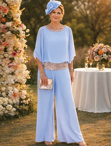  Tweedelig Broek Tot de grond Moeder van de bruid jurk Halve mouw Boothals Elegant Vintage Eenvoudig Bruiloft gast Feestdagen Formele avonden Chiffon met Pailletten