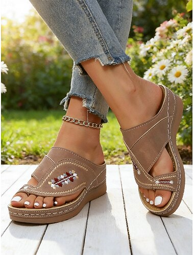  Damesandaler med bohemsk broderi og platå – komfortable tåløkker for innendørs/utendørs bruk, sommerferier og avslappet avslapning