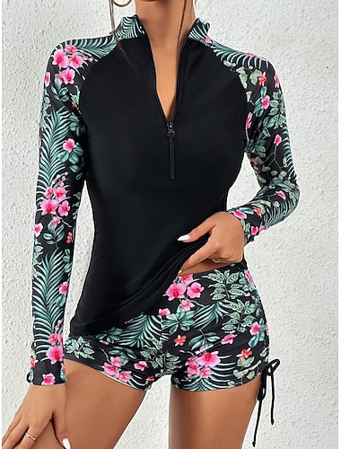  Femmes Maillots de Bain Tankini 2 pièces Shorts Maillot de bain Contrôle du ventre Taille haute Mince Vacances Tenues de plage Fleuri Col haut manche longue Maillots de bain