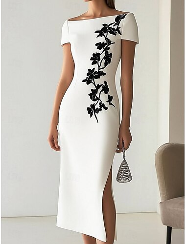  Dame Midikjole Uformell kjole Floral kjole Elegant Mote Moderne utendørs Feriereise Ut på byen Normal Blomstret Kortermet Løse skuldre Hvit Sommer Vår