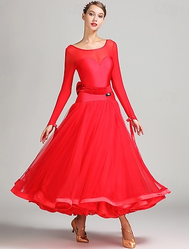  Rød ballroom-danskjole til dame, stor swing, tyllskjørt, netting, langermet valsekjole, moderne standard konkurranseantrekk
