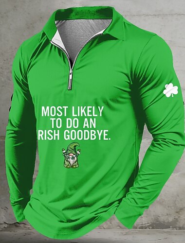  St. Patrick's Day Mannen Shamrock Leprechaun Rits Polo Shirts Lange Mouwen Polo Shirts Lapel Casual Buiten Festival Outfit 3D Print Lente Herfst Zwart Lichtgroen Donkergroen