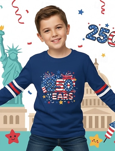  Jungen 3D Grafik 250-jähriges Jubiläum T-Shirt Langarm 3D-Druck Frühling Herbst Sport Mode Streetwear Kinder 4-12 Jahre Rundhalsausschnitt Lässig Täglich Outdoor Normale Passform