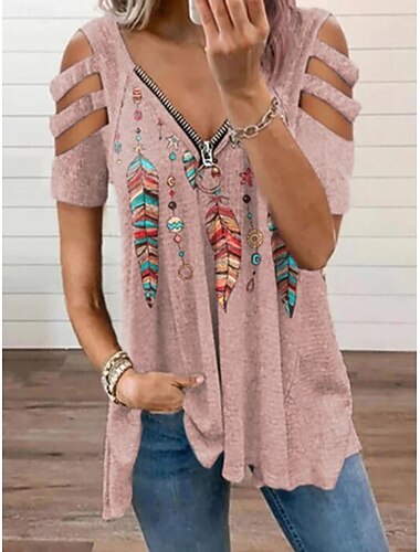  Per donna Camicia Boho Blusa Patchwork Cerniera Stampato Grafico Foglie Elegante Moderno Casual Manica Corta Scollo a V Top Regolari Quotidiano Ferie Uscire Nero Rosa Azzurro cielo Arancione Estate